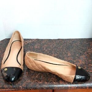 Tory Burch Quilted Tan and Black Flats..SIZE 8.5